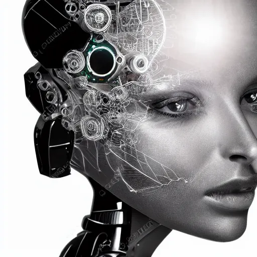 Image similar to beautiful centered fine art photo portrait of romantic beautiful girl as a solarpunk robotic humanoid, black mechanical parts with led lights, pudica pose, photorealistic, white background, highly detailed and intricate, soft box lighting, hdr 8 k