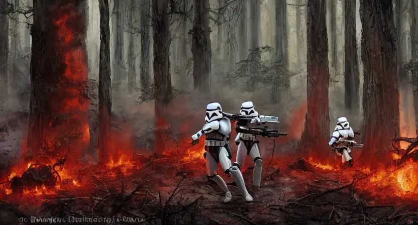 Prompt: imperial stormtroopers shooting red blaster bolts in a burned lifeless forest with burned trees and plants concept art by Doug Chiang cinematic, realistic painting, high definition, digital art, symmetrical, very detailed, extremely high detail, photo realistic, concept art, unreal engine 5, the Mandalorian concept art style