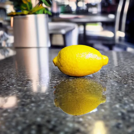 Image similar to A lemon is made of topaz and sitting on a table in a futuristic diner.