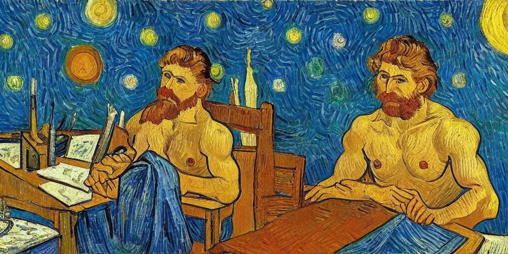 Image similar to a greek god sitting at his desk on the surface of the moon, national geographic, detailed, oil painting, vincent van gogh, gaugin, modigliani