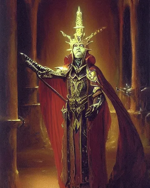 Image similar to A dark mage. He is wearing mage armor and a crown. He is frowning seriously. He is preparing to cast a dark spell. He is standing in a wizards room. Award winning oil painting by Thomas Cole and Wayne Barlowe. Highly detailed