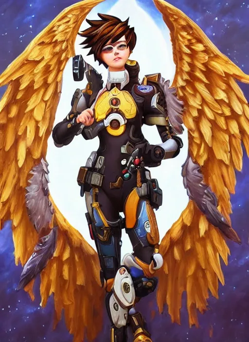 Image similar to full body oil painting of tracer overwatch in the style of sophie anderson, angel wings, angelic golden armor, dramatic painting, symmetrical composition, ornate, high detail, gold detailed collar, blooming, lights, flowers, detailed face,