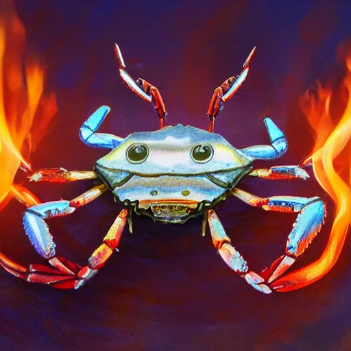 Prompt: a robot crab with the face of bill gates, background of flames.