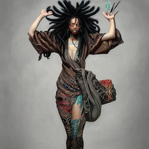 Image similar to pretty black woman with dreadlocks and tattoos, wearing a kimono, ultrarealistic,, in the style of peter mohrbacher by weta digital and beth cavener, intricate, masterpiece, award winning, intricate