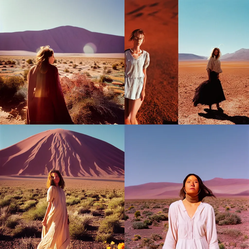 Prompt: A portrait photography of a woman at the Atacama flowering desert. cinematic. kodak portra 800 film. warm light. desert mood. detailed. high quality. lens flare. swirly bokeh.