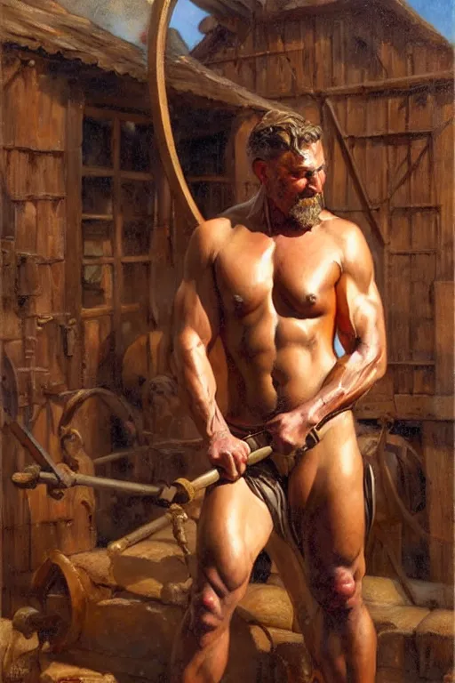 Image similar to muscular sweaty male blacksmith, forgehouse painting by gaston bussiere, craig mullins, j. c. leyendecker, tom of finland