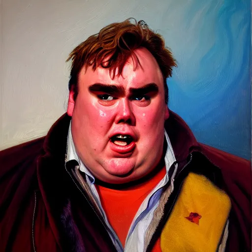 Image similar to portrait of john candy crying in the metaverse, fire and pain, oil on canvas by william sydney mount, trending on artstation