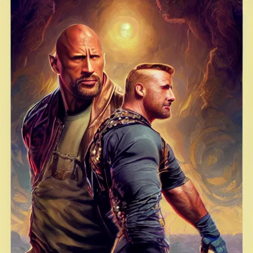 Image similar to Dwayne Johnson and Ryan Gosling Save the World, fantasy, intricate, elegant, highly detailed, digital painting, artstation, concept art, smooth, sharp focus, illustration, art by artgerm and greg rutkowski and alphonse mucha