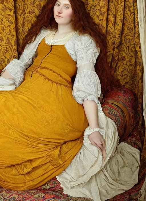 Image similar to preraphaelite portrait photography reclining on bed, framed, big brown fringe, yellow ochre ornate medieval dress, william morris, 4 k