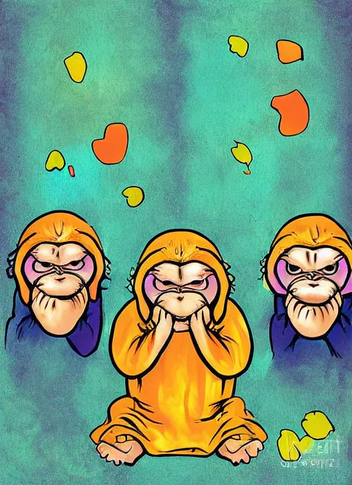 Prompt: digital art illustration of the three wise monkeys, colorful digital art by ralph goings, soft edges, brightly coloured comic book style painting