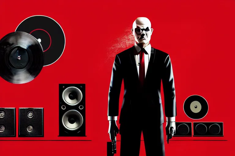 Image similar to an expressive portrait of agent 4 7 from hitman wearing headphones standing in front of a wall of vinyl records, speakers and cables, dark background, red rim light, digital art, artstation, concept art by giger stalenhag