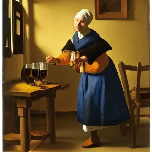 Prompt: monk holding a beer mug, barrels in the background, cellar vault, lit by candlelight, painted by Vermeer