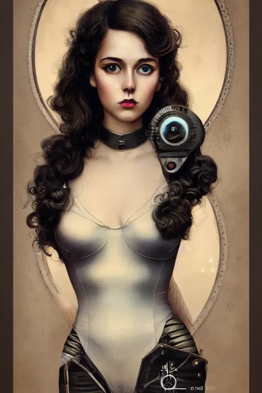 Image similar to Atompunk portrait of a beautiful female dollpunk with thin lustrous hair wearing a full bodysuit, focus, detailed, realistic eyes, symmetric body features proportions, intricate details, award winning, by Tom Bagshaw