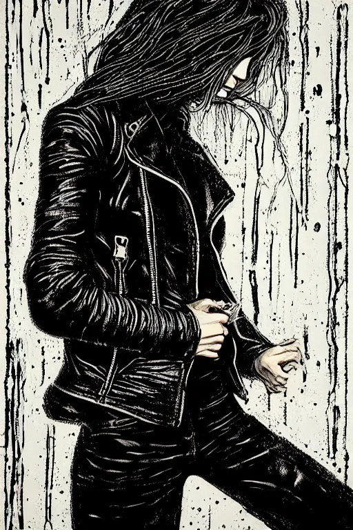 Image similar to dreamy rock girl, black leather jacket, detailed acrylic, grunge, intricate complexity, by dan mumford and by alberto giacometti, peter lindbergh