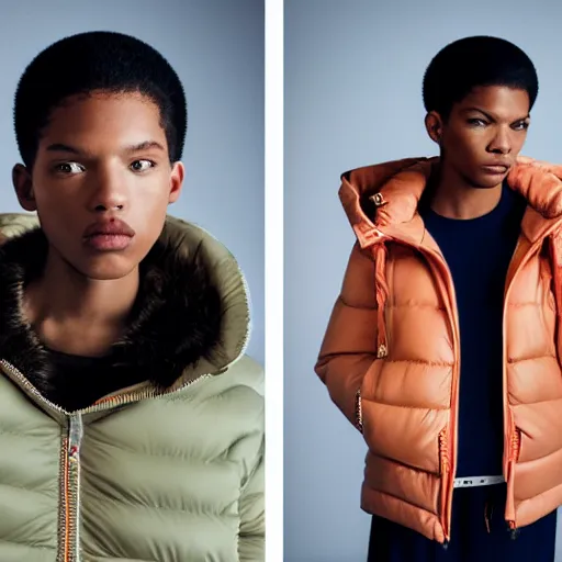 Image similar to realistic photoshooting for a new balenciaga lookbook color film photography portrait of a beautiful woman model, model wears a puffer jacket, photo in style of tyler mitchell, wes anderson