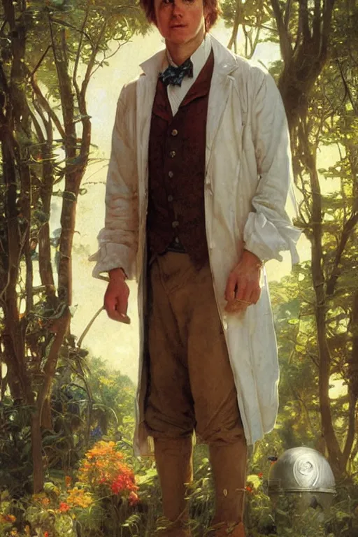 Prompt: The Fifth Doctor standing next to the TARDIS, portrait by Stanley Artgerm Lau, greg rutkowski, thomas kindkade, alphonse mucha, loish, norman Rockwell