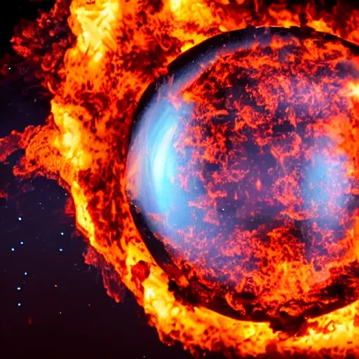 Image similar to red hot burning sphere embedded in fireball explosion with fire, 4 k