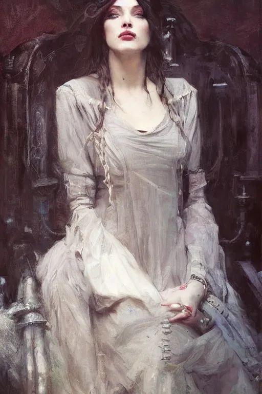 Prompt: Richard Schmid and Jeremy Lipking full length portrait painting of a young beautiful victorian steampunk vampire Priestess woman