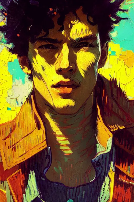 Image similar to portrait of a beautiful cowboy bebop, complementary colors, beautiful face, rule of thirds, intricate outfit, spotlight, by greg rutkowski, by jeremy mann, by francoise nielly, by van gogh, digital painting