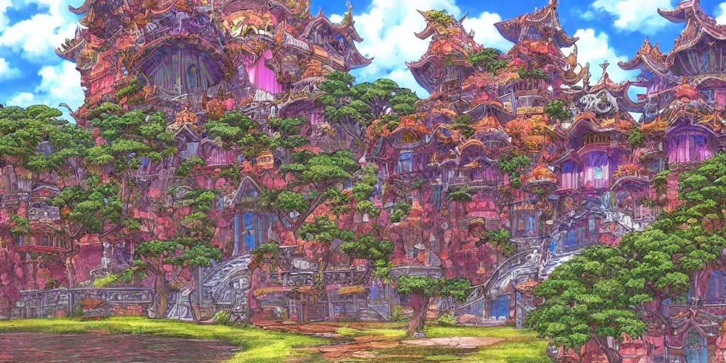 Prompt: beautifully detailed painting of a dreamy psychedelic Palace by studio ghibli , moebius, FFXIV environment design