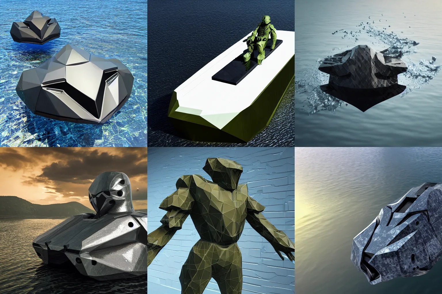 Prompt: floating enigmatic creature wearing military grade low-poly carbon plate, water-cooled armor, glistening, sleek finish, dual-core hydraulic units, bullet-proof, floating island backdrop, 4k, high quality photo, 33mm