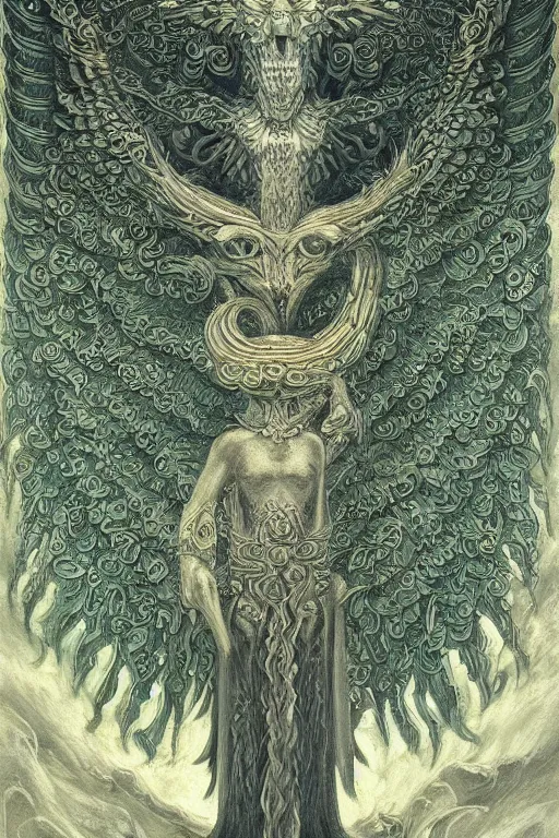 Image similar to a beautiful painting of full - body quetzalcoatl, wisdom, good and evil, white ink + magical + symmetrical + detailed intricate + heraldic design + atmosphere high details, in the style of jean delville, artstation, 8 k, 4 k, cinematic