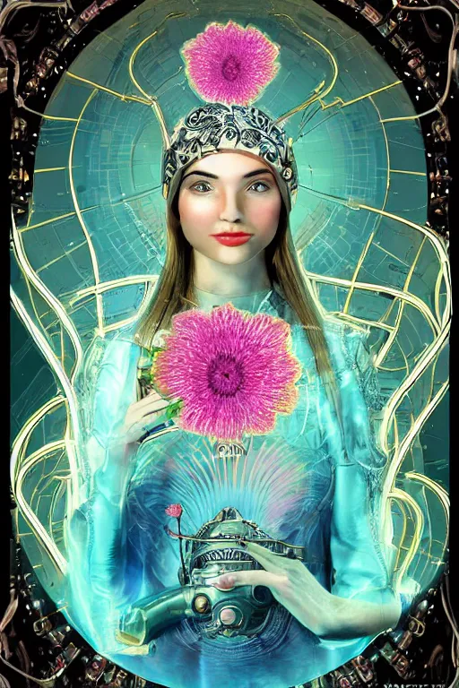 Image similar to opalescent retrofuturistic digital airbrush illustration of an explorer wearing an ornate gpu headpiece and holding a flower with a map of the collective subconscious in the background by luigi patrignani