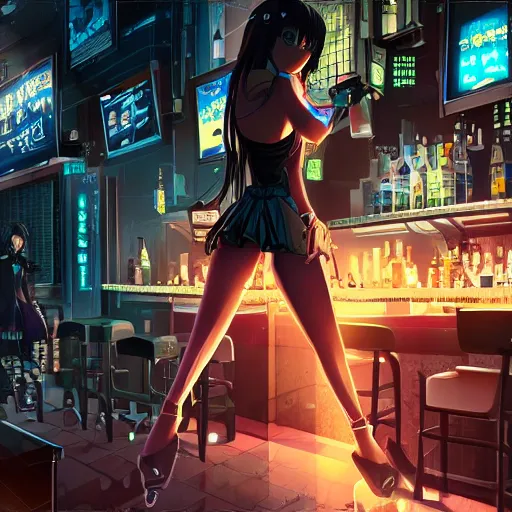 Prompt: Cinematography, anime girl in a bar, cyberpunk city, hyper detailed, 4k