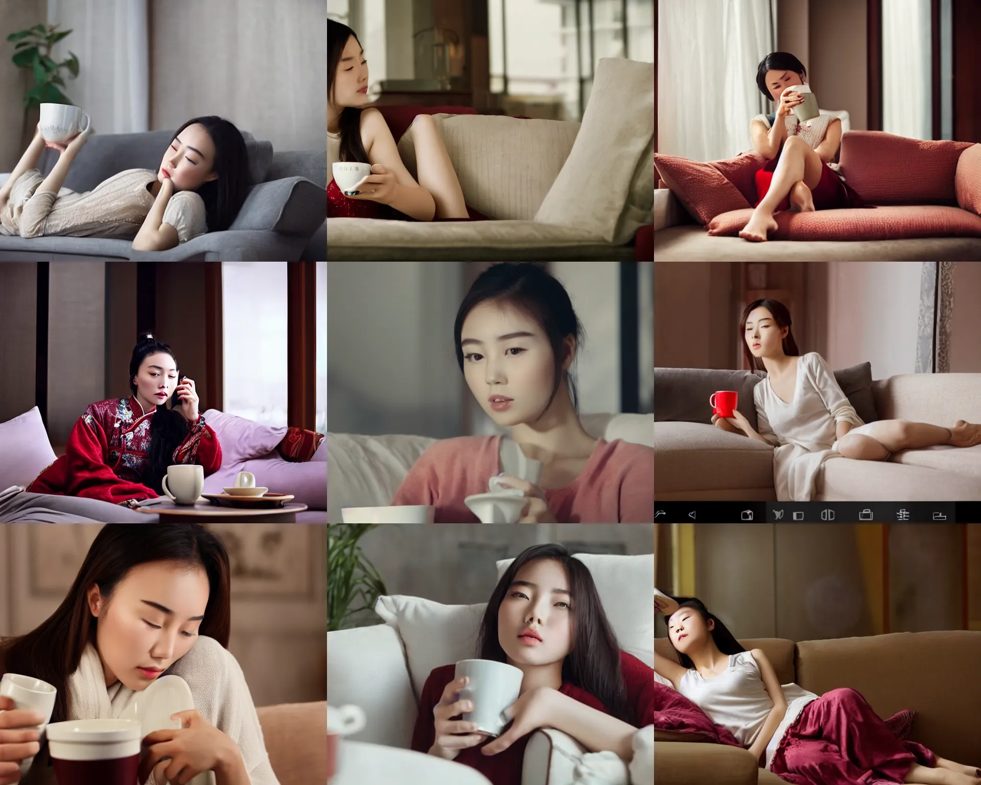 Prompt: a beautiful scene of a young chinese lady lying on the sofa drinking cup of coffee, movie screen shot