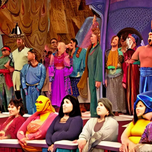 Image similar to a long line of sad people waiting to speak with the genie from Aladdin by Disney