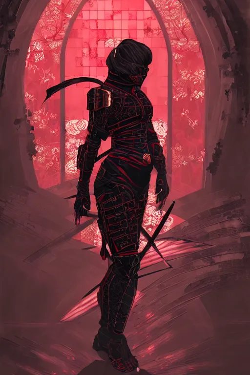 Prompt: portrait Ninja gaiden girl, armored black and red ninja wardrobe, in ruin japanese temple night, ssci-fi and fantasy, intricate and very very beautiful and elegant, highly detailed, digital painting, artstation, concept art, smooth and sharp focus, illustration, art by tian zi and WLOP and alphonse mucha