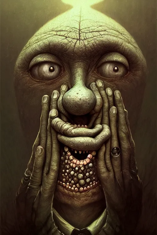 Prompt: gediminas pranckevicius | close up portrait of a monster in the sinister valley of despair, one mouth, one nose, two eyes, oil painting by tomasz jedruszek, cinematic lighting, pen and ink, intricate line, hd, 4 k, million of likes, trending on artstation greg rutkowski and alphonse mucha
