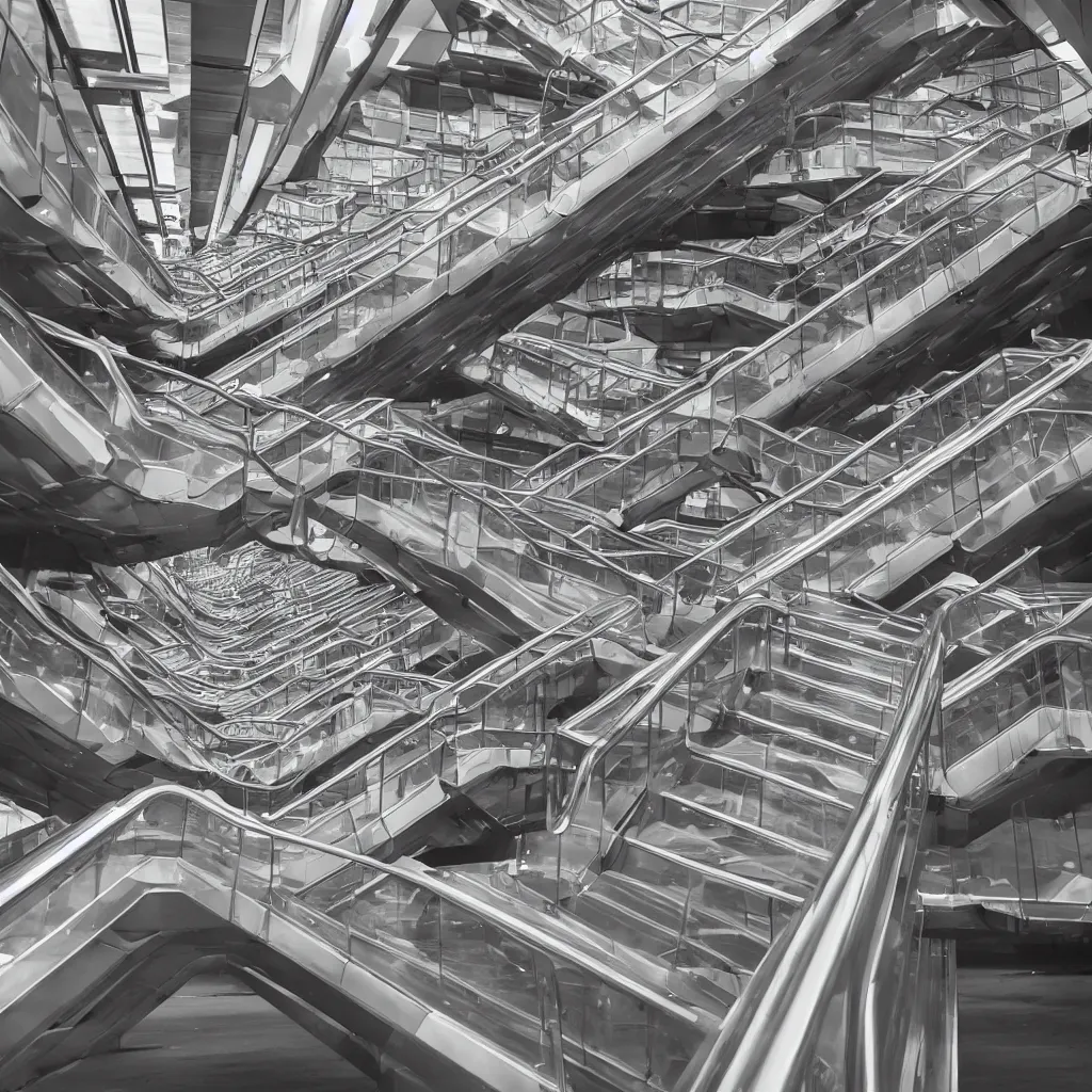 Prompt: m. c. escher - esque escalators that lead to nowhere