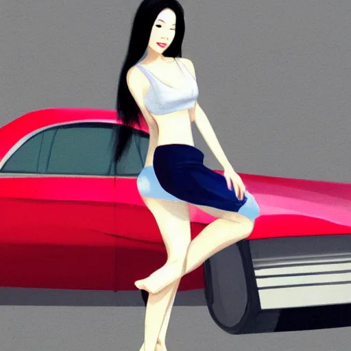 Image similar to very very very beautiful asian woman standing in front of car, bare midriff, one foot raised off the ground, full body portrait, eye contact, smiling, realistic face, perfect body, drawn by WLOP