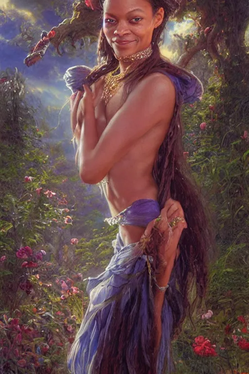 Image similar to Zoe Saldana, looking at the viewer, in the style of Lilia Alvarado, Sophie Anderson, Mark Arian, Bob Byerley, Charlie Bowater, Mark Brooks, Steve Henderson, Justin Gerard, Arthur Hughes, Edward Robert Hughes, Mark Keathley, Victor Nizovtsev, Carlos Shwabe, Ross Tran, WLOP