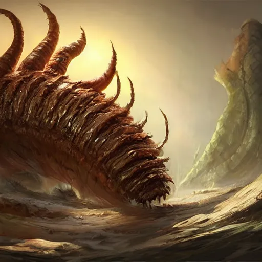 Image similar to a giant worm beast, worm monster, worm mouth, worm round mouth, rock and dust, worm brown theme, bright art masterpiece artstation. 8 k, sharp high quality artwork in style of jose daniel cabrera pena and greg rutkowski, concept art by tooth wu, blizzard warcraft artwork, hearthstone card game artwork, monster teeth