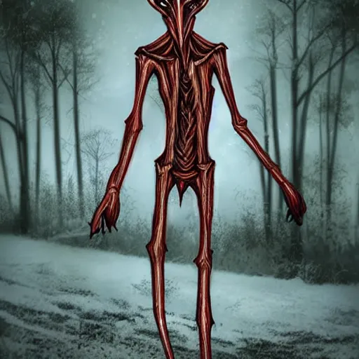 Image similar to horrifying digital art of a blood soaked skinwalker, lanky, skinny, pale skin, snow, forest, dark, horrifying