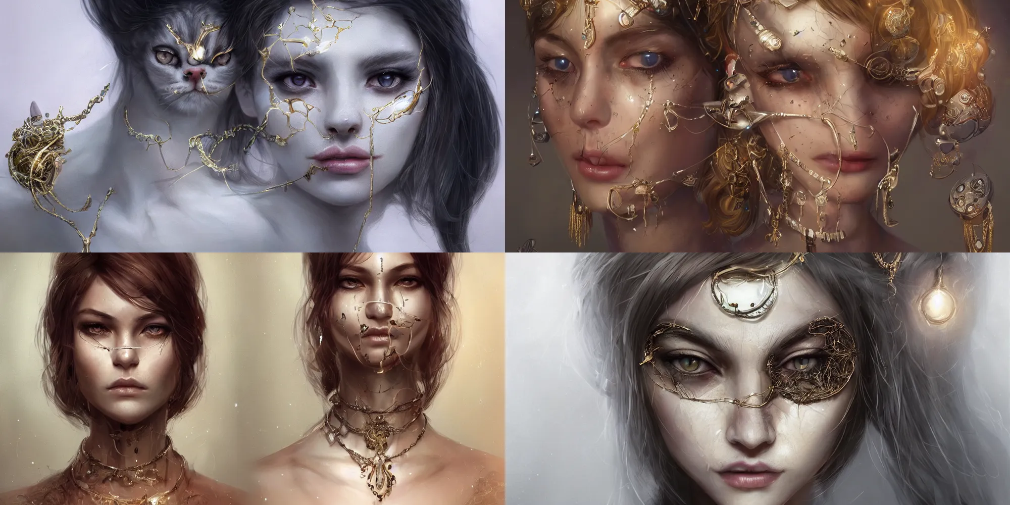 Prompt: realistic character concept, cat humanoide with lots of jewelry in the face, scifi, illustration, slender symmetrical face and body, artstation, cinematic lighting, hyperdetailed, cgsociety, 8 k, high resolution, charlie bowater, tom bagshaw, single face, insanely detailed and intricate, beautiful, elegant, golden ratio, dark fractal background, vfx, postprocessing