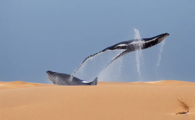 Prompt: whales jumping in sand dunes, photography