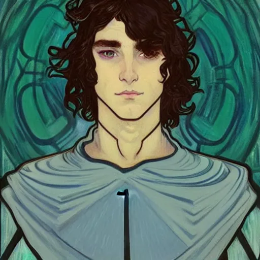 Prompt: painting of handsome beautiful ice blue eyed paladin elf! man with long wavy dark hair in his 2 0 s named shadow taehyung at the cucumber soup party, wearing armor!, elegant, clear, painting, stylized, delicate, soft facial features, art by alphonse mucha, vincent van gogh, egon schiele,