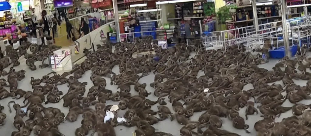 Image similar to cctv footage of a horde of monkeys raiding a walmart