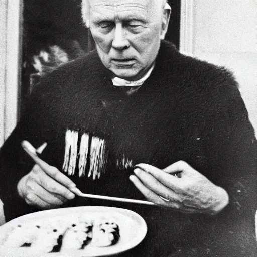 Prompt: Old photo of Harald V the king of Norway eating sushi