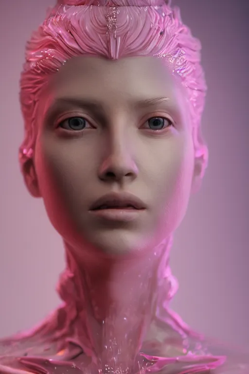 Image similar to A fancy portrait of a pink crystal statue of a women by Greg Rutkowski, beeple, Sung Choi, Mitchell Mohrhauser, Maciej Kuciara, Johnson Ting, Maxim Verehin, Peter Konig, final fantasy, macro lens , 8k photorealistic, cinematic lighting, HD, high details, dramatic, dark atmosphere, trending on artstation