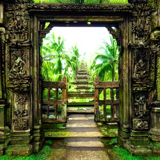 Prompt: balinese split gate. fantasy concept art. overgrown, mossy, cracked and worn