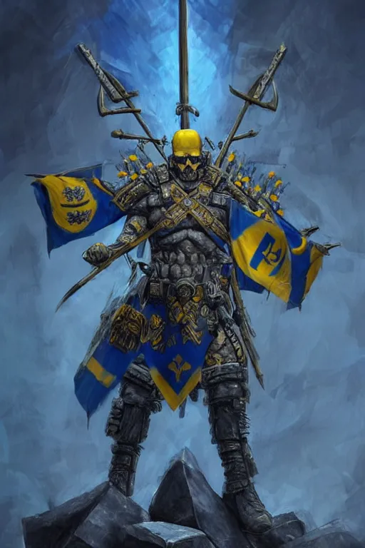 Image similar to a distant shot from below of a Ukrainian super soldier with blue and yellow flag behind him and a trident symbol on the chest standing alone on a huge pile of skulls posing as a winner, masculine muscular figure, D&D, fantasy, intricate, elegant, highly detailed, extremely detailed, digital painting, artstation, concept art, matte, smooth, hyper realistic, sharp focus, illustration, art by Artgerm and Greg Rutkowski and Alphonse Mucha