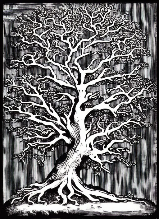 Image similar to gnarled ancient oak tree of life with roots wrapped in an open book, art by james o barr and albrecht durer, woodblock print, engraved, black and white, vector, vector art