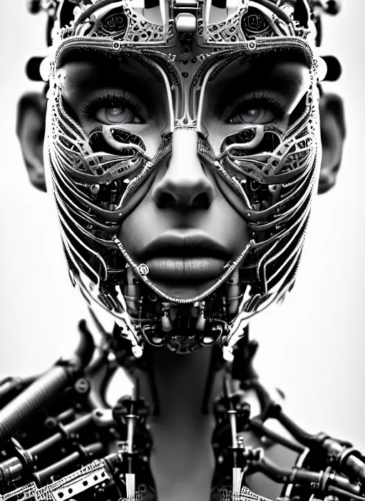 Image similar to a stunning young female cyborg profile face, face is made intricate tribal bio - mechanical, editorial photography, schlieren, depth of field, f / 2. 8, high contrast, 1 6 k, rays of shimmering light, volumetric lighting, shiny, insanely detailed and intricate, hypermaximalist, elegant, ornate, hyper realistic, super detailed