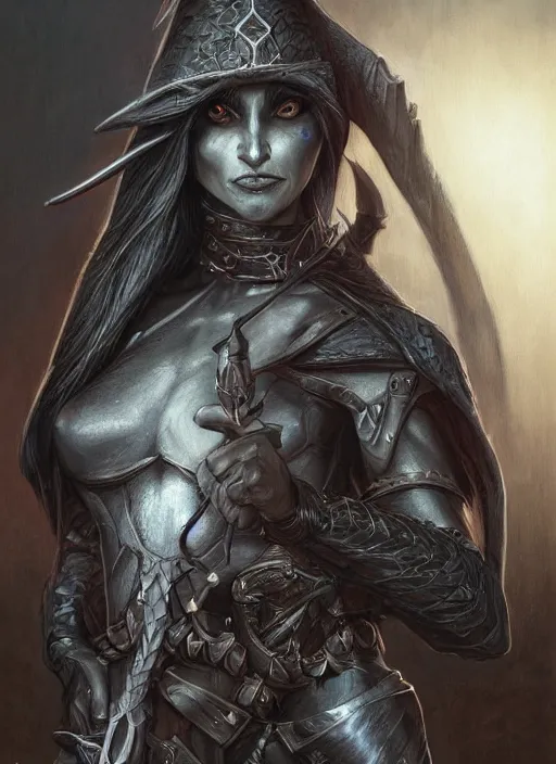 Prompt: a face portrait, female drow elf, dark grey skin, serious face, with hand crossbow, wearing a witch hat, hunter, slick leather armor, style by donato giancola, wayne reynolds, jeff easley dramatic light, high detail, cinematic lighting, artstation, dungeons and dragons