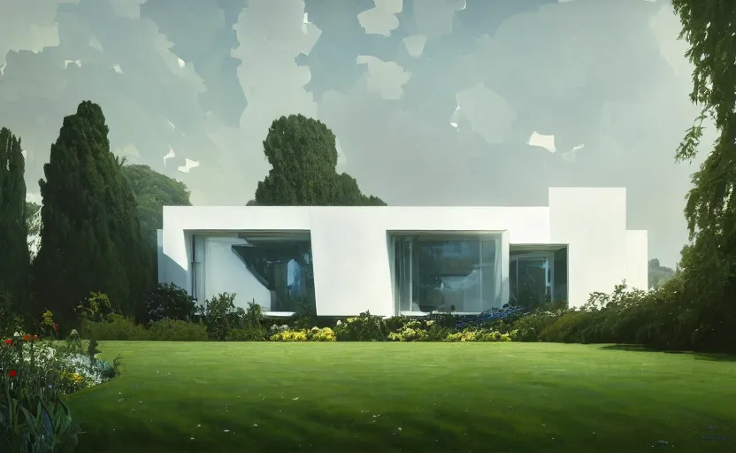 Image similar to painting of a wide angle exterior shot of a white modern architecture in the middle of an english garden with cinematic lighting by peter zumthor and frank gehry and renzo piano, darek zabrocki and greg ruthkowski, alphonse mucha, simon stalenhag and cinematic and blue cold atmospheric, archillect concept art, artstation, trending on artstation