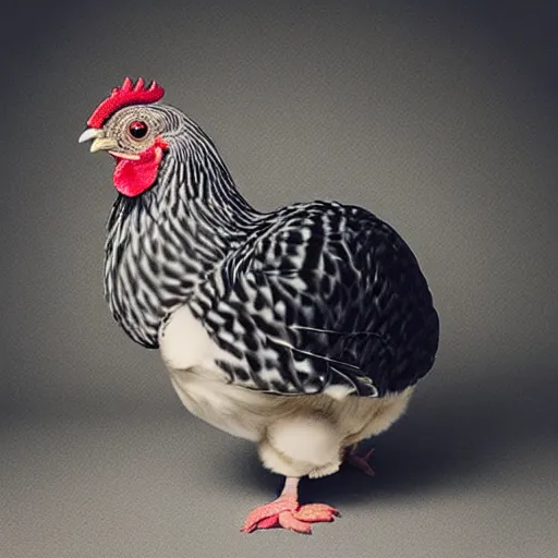 Prompt: cute!!! barred Plymouth Rock chicken, studio!! Portrait lighting, spotted with small white hearts!!